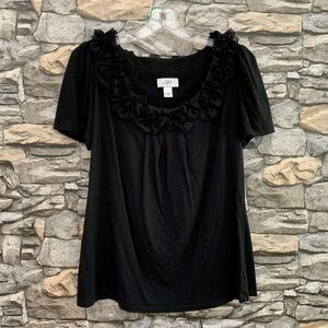 #05 Vintage Ann Taylor Loft Chiffon Ruffle Short Sleeve Black Top Blouse Medium